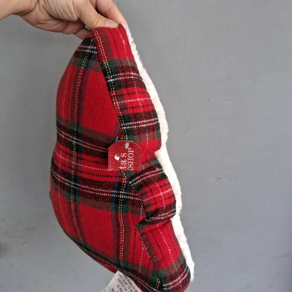 Santa's Shop Red Tartan Plaid Sherpa Christmas Tree Decorative Pillow 12x14 NEW